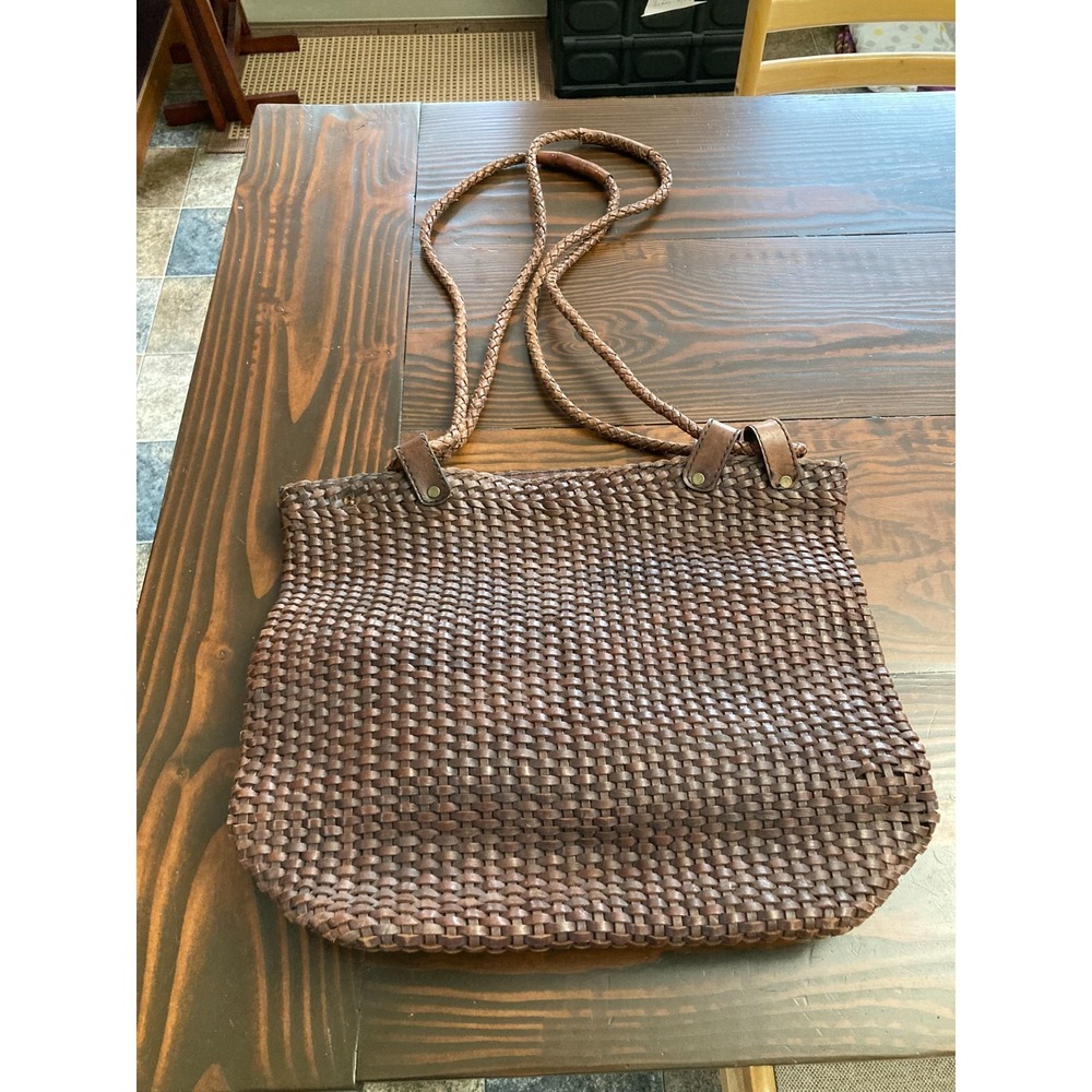 Vtg Huge J Peterman Woven Leather Tote Bag Deep Brown Intrecciato‎ Fabric Lined
